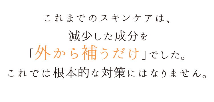 これまでのスキンケアは減少した成分を外から補うだけでした。